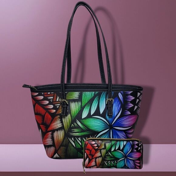 Rainbow Hawaiian Floral Print Tote Purse with Matching Wallet - Picture 1 of 13